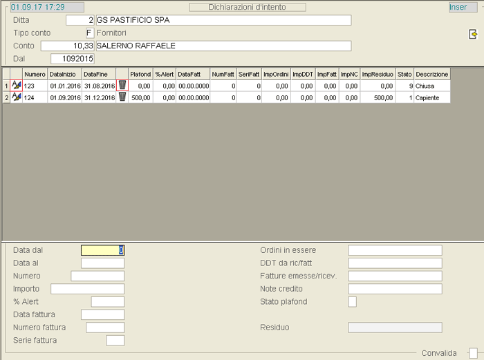 Videata Dati Dichiarazione d'Intento
