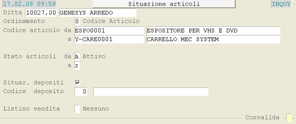 Inquiry Articoli di Magazzino: videata di selezione