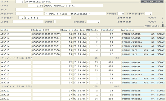 Inquiry Rintracciabilità: visualizzazione movimenti nel data-grid