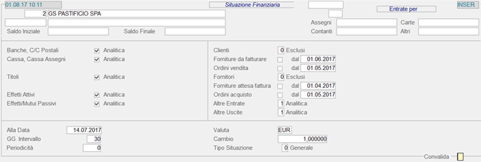 Videata d'impostazione parametri