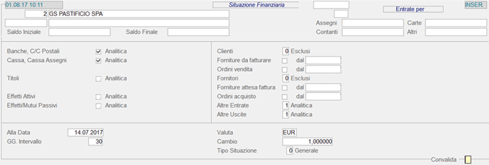 Videata d'impostazione parametri