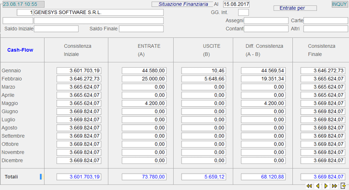 Inquiry Cash-flow: videata di riepilogo