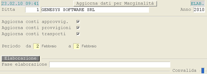 Aggiornamento Marginalità Rapporto Cliente: videata di selezione