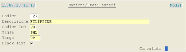 Tabella Nazioni - Stati Esteri