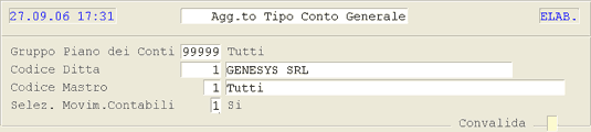 Selezioni per la funzione di Aggiornamento Tipo Conto Generale