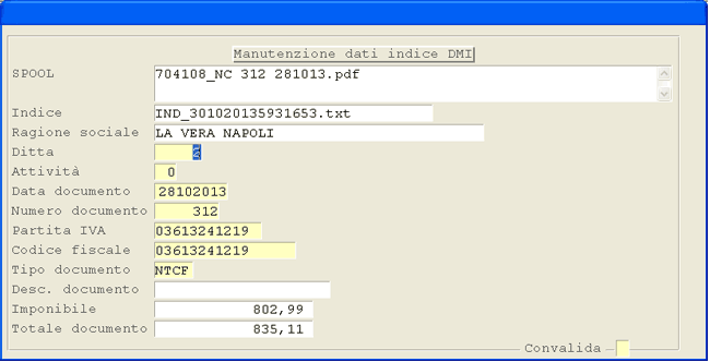 Acquisizione Documenti Passivi: window Modifica Dati Indice DMI