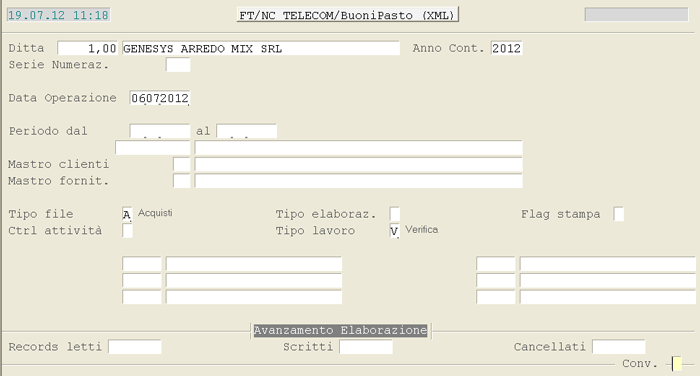 Import Fatture/Note Credito Telecom: videata d'impostazione parametri