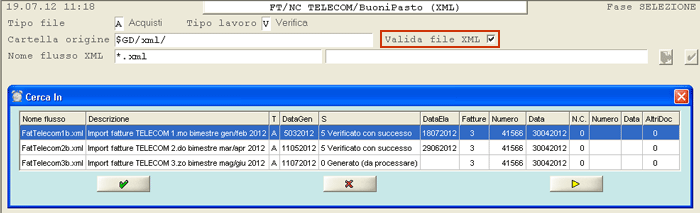 Import Fatture/Note Credito Telecom: selezione file XML da processare