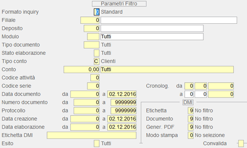 Log Documenti: videata parametri di filtro