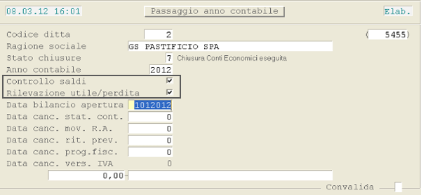 Passaggio Anno - Chiusura e Apertura Conti: videata di selezione