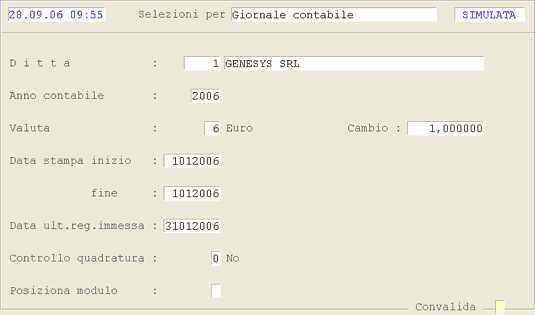 Selezioni per la Stampa Simulata del Giornale Contabile