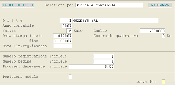 Ristampa Giornale Contabile: videata d'impostazione parametri