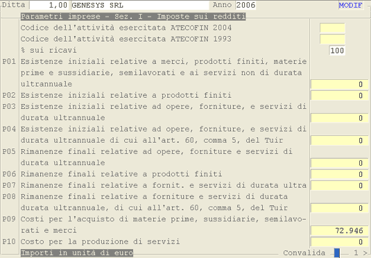 Parametri Imprese - Sezione I: 1° videata