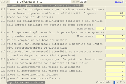 Parametri Imprese - Sezione I: 2° videata