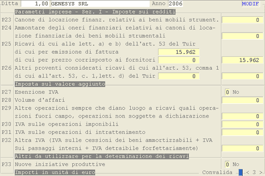 Parametri Imprese - Sezione I: 3° videata