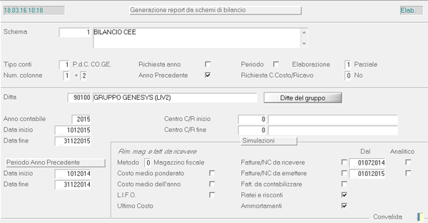 Generazione Report da Schemi di Bilancio: videata di selezione