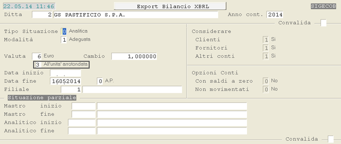 Export Bilancio XBRL: videata di selezione