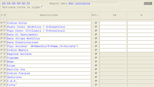 Videata di selezione per l'Export Anagrafiche