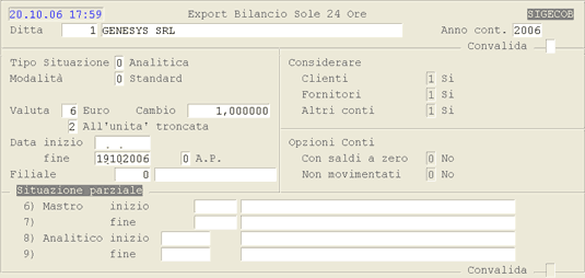 Selezioni per Export di Bilancio Sole 24 Ore