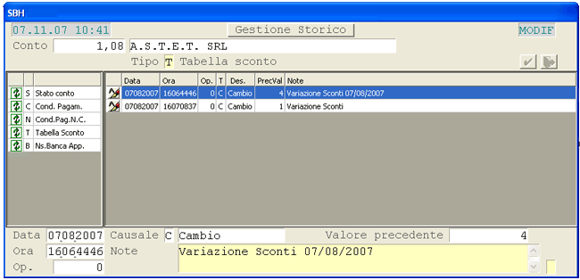 Clienti: window Storico Entità