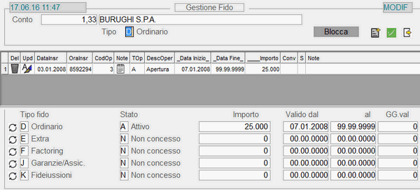 Fornitori: window Gestione Fido