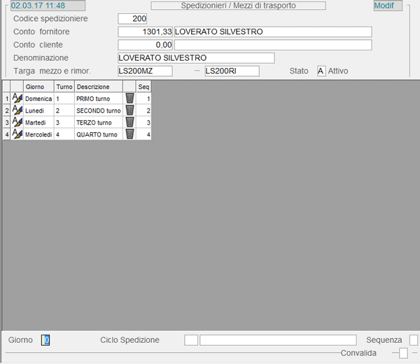 Tabella Spedizionieri/Mezzi Trasporto: Programmazione Viaggi - 3° videata