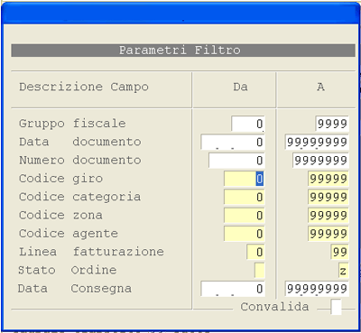 Window d'impostazione parametri