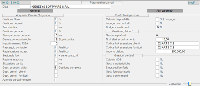 Parametri Funzionali: 2° videata