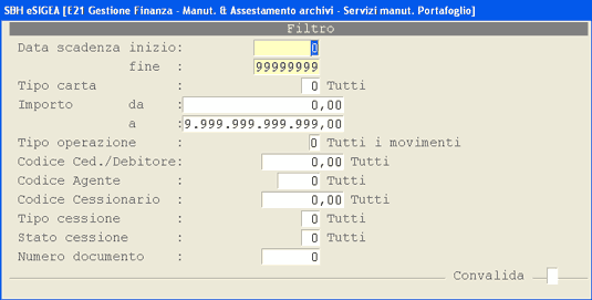 Videata d'impostazione parametri