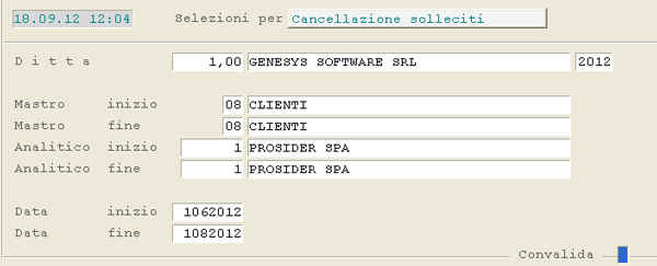 Cancellazione Solleciti: videata di selezione