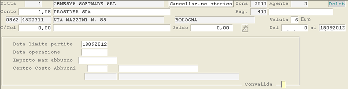 Cancellazione Movimenti Partite Storico: videata di selezione