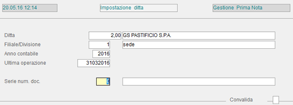 Prima Nota Cassa: impostazione Ditta