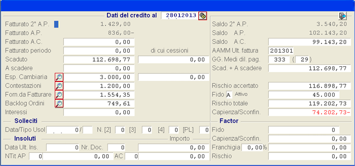 Inquiry Partite Scoperte: window Dati del Credito