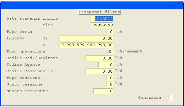 Videata d'impostazione parametri