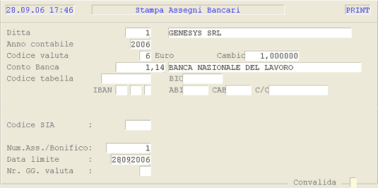Selezioni per l'emissione dell'assegno bancario