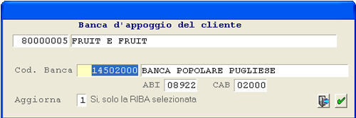 Generazione Ri.Ba.: window modifica Banca d'appoggio Cliente