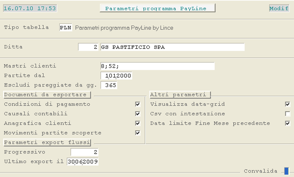 Modulo Gestione Servizi: Tabella Parametri programma PayLine di Lince