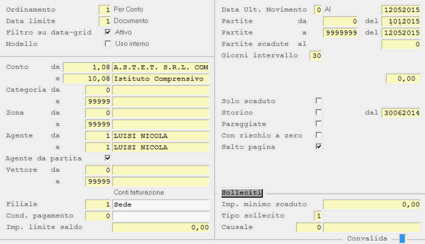 Situazioni Crediti: videata d'impostazione parametri