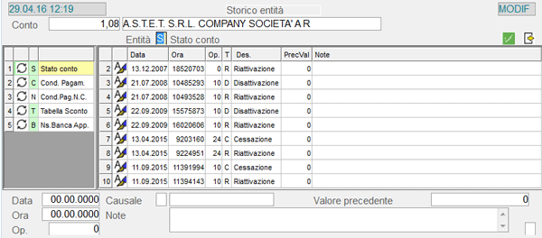 Clienti: window Storico Entità