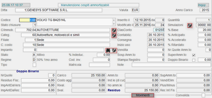 Impostazione dati identificativi del Cespite
