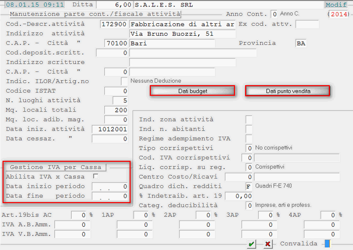 Dati Contabili Ditta: 1° videata