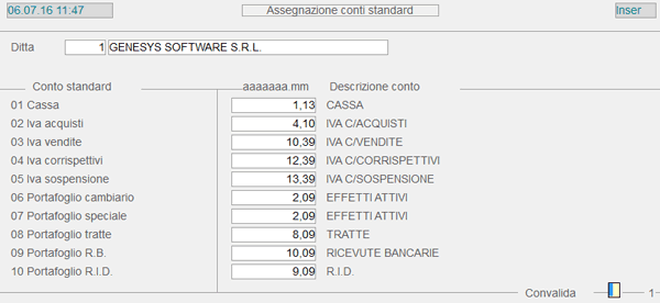 Assegnazione Conti Standard: esempio 1° videata