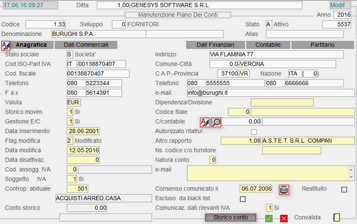 Fornitori: Dati Anagrafici - 1° videata