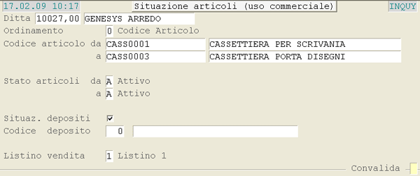 Inquiry Uso Commerciale: videata di selezione