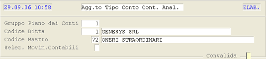 Selezioni per la funzione di Aggiornamento Tipo Conto Voce CO.AN.