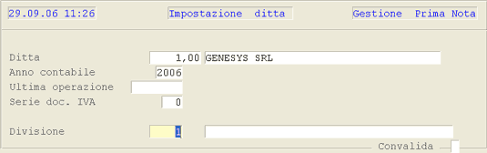 Immissione Prima Nota: impostazione ditta