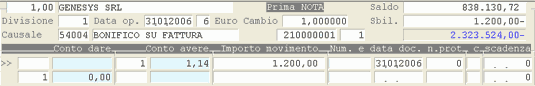 Immissione Prima Nota: intestazione