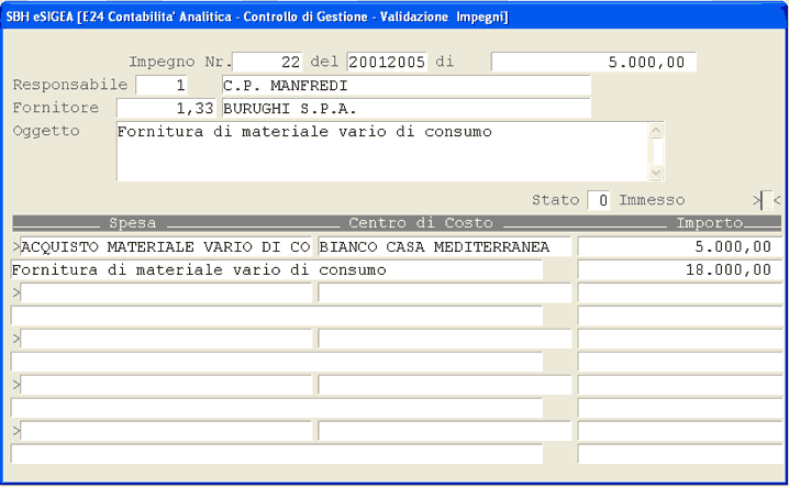 Validazione Impegni: dettaglio