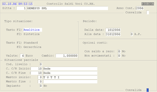 Videata d'impostazione parametri per la stampa Controllo Saldi Voci CO.AN.