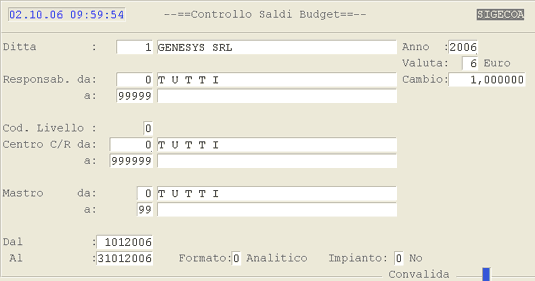 Videata d'impostazione parametri per la stampa Prospetto Budget e Impegni